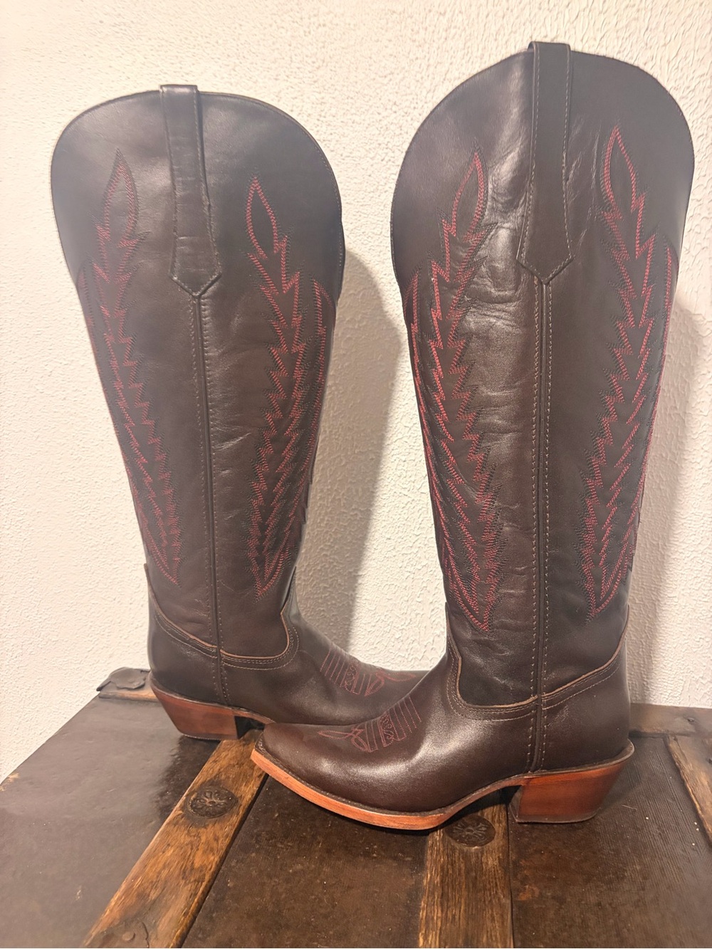 Women's wide calf Dark Brown Leather Western Heeled Boots with Red Stitching